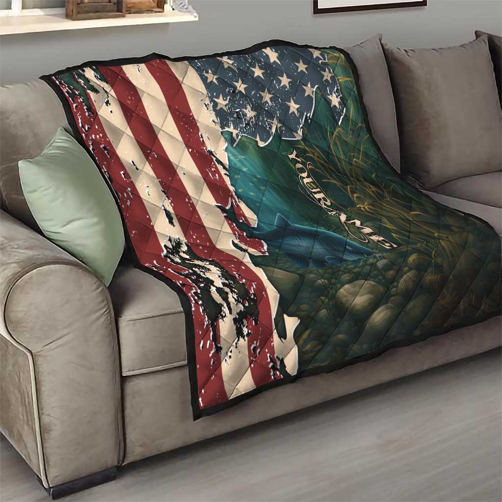 Catfish Fishing Quilt with Underwater Scene and Distressed American Flag Background - Wonder Print Shop