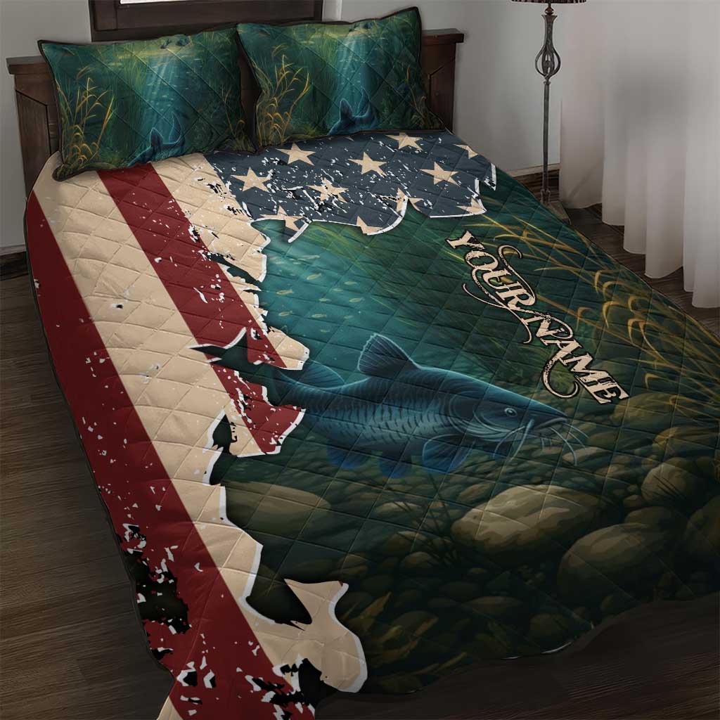 Catfish Fishing Quilt Bed Set with Underwater Scene and Distressed American Flag Background - Wonder Print Shop