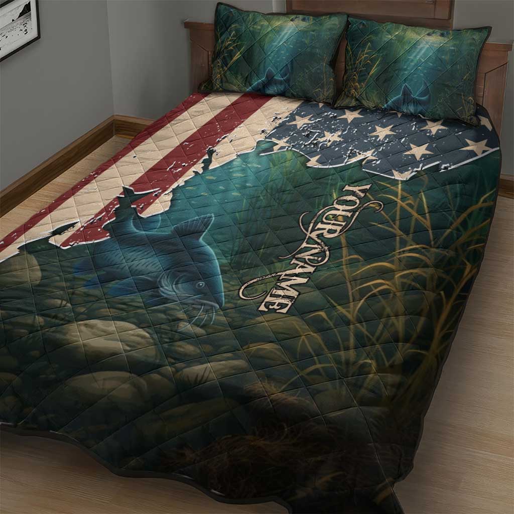 Catfish Fishing Quilt Bed Set with Underwater Scene and Distressed American Flag Background - Wonder Print Shop