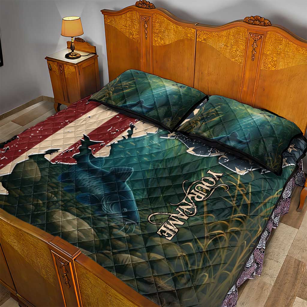 Catfish Fishing Quilt Bed Set with Underwater Scene and Distressed American Flag Background - Wonder Print Shop