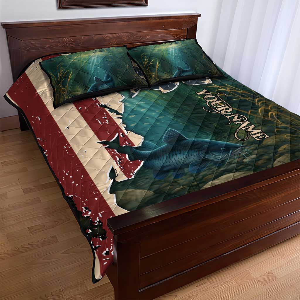 Catfish Fishing Quilt Bed Set with Underwater Scene and Distressed American Flag Background - Wonder Print Shop