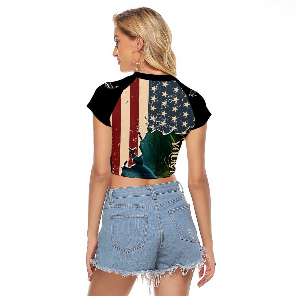 Catfish Fishing Raglan Cropped T Shirt with Underwater Scene and Distressed American Flag Background - Wonder Print Shop