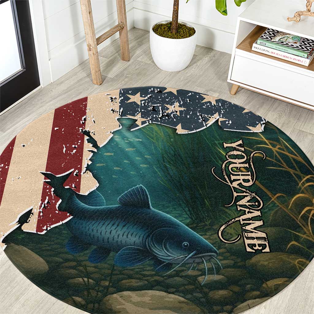 Catfish Fishing Round Carpet with Underwater Scene and Distressed American Flag Background - Wonder Print Shop