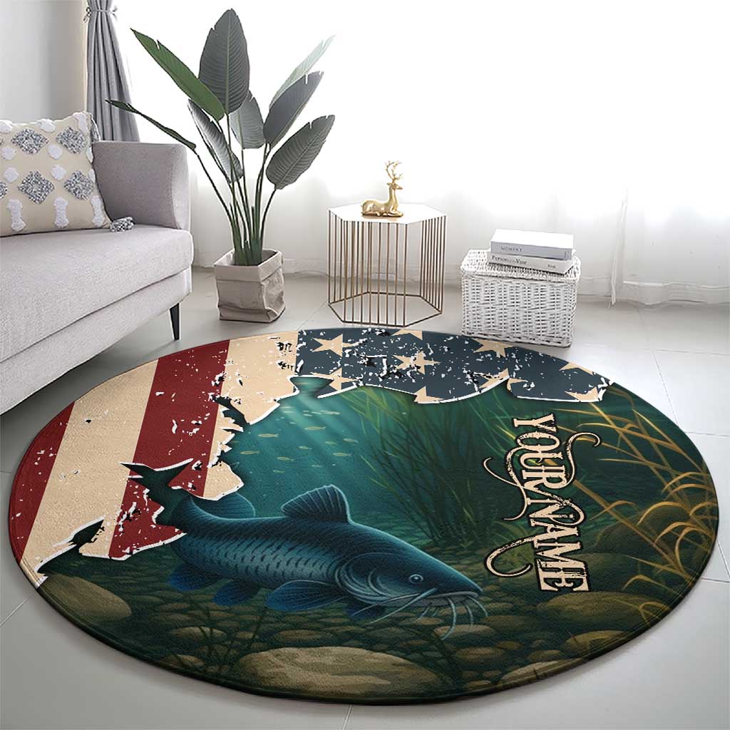 Catfish Fishing Round Carpet with Underwater Scene and Distressed American Flag Background - Wonder Print Shop