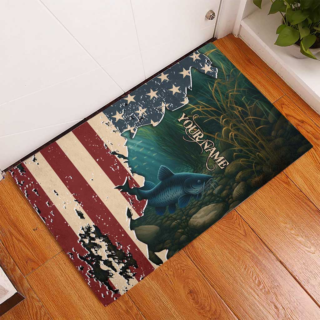 Catfish Fishing Rubber Doormat with Underwater Scene and Distressed American Flag Background - Wonder Print Shop