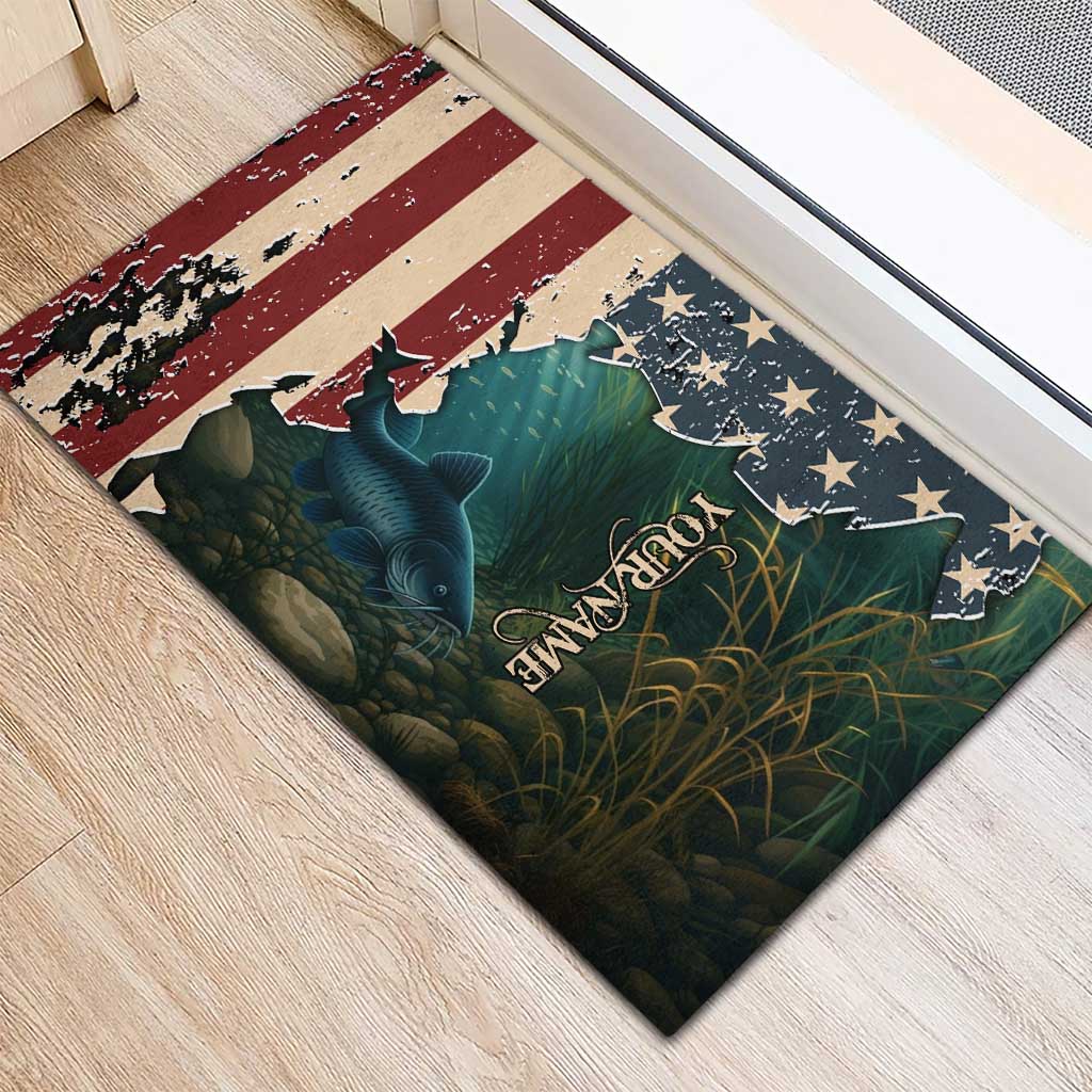 Catfish Fishing Rubber Doormat with Underwater Scene and Distressed American Flag Background - Wonder Print Shop