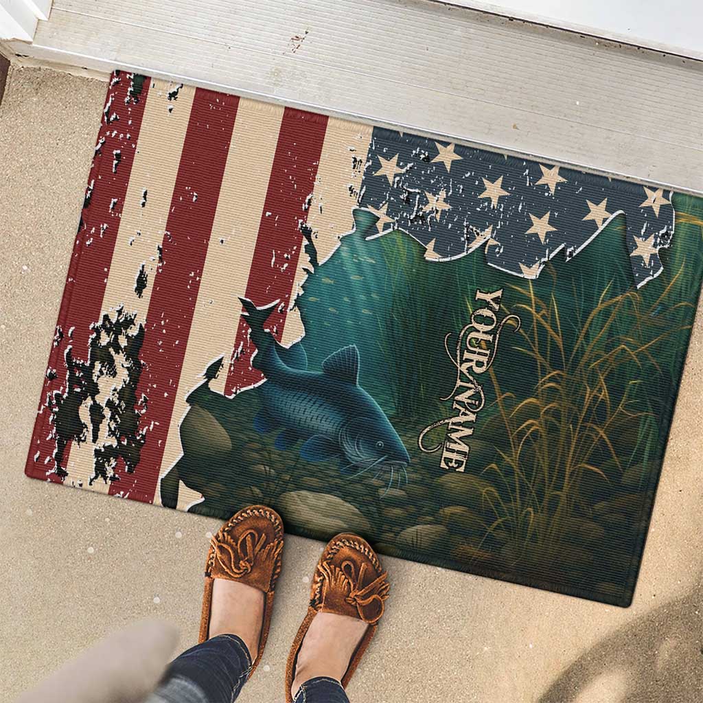 Catfish Fishing Rubber Doormat with Underwater Scene and Distressed American Flag Background - Wonder Print Shop