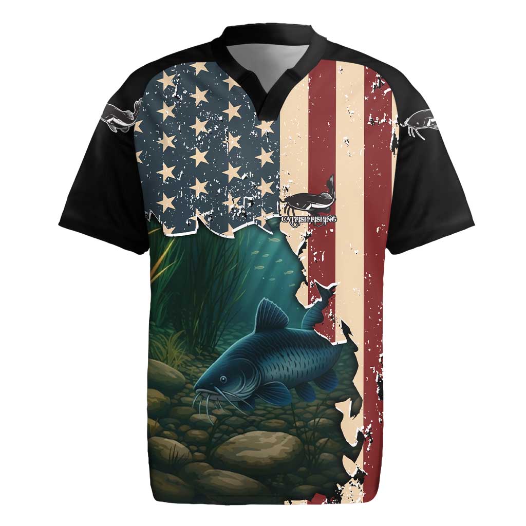 Catfish Fishing Rugby Jersey with Underwater Scene and Distressed American Flag Background - Wonder Print Shop