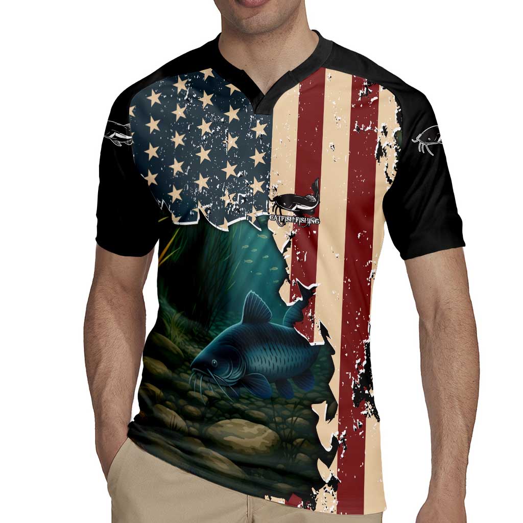 Catfish Fishing Rugby Jersey with Underwater Scene and Distressed American Flag Background - Wonder Print Shop