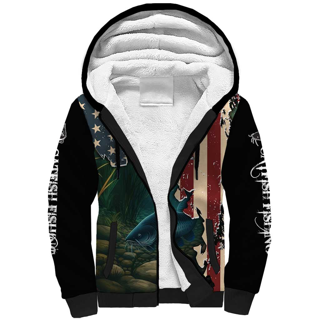 Catfish Fishing Sherpa Hoodie with Underwater Scene and Distressed American Flag Background - Wonder Print Shop