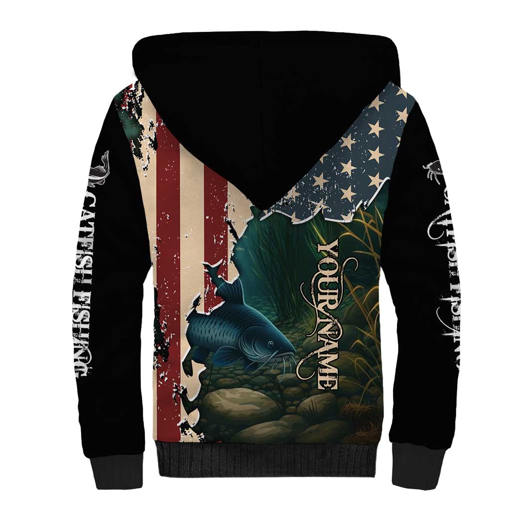 Catfish Fishing Sherpa Hoodie with Underwater Scene and Distressed American Flag Background - Wonder Print Shop