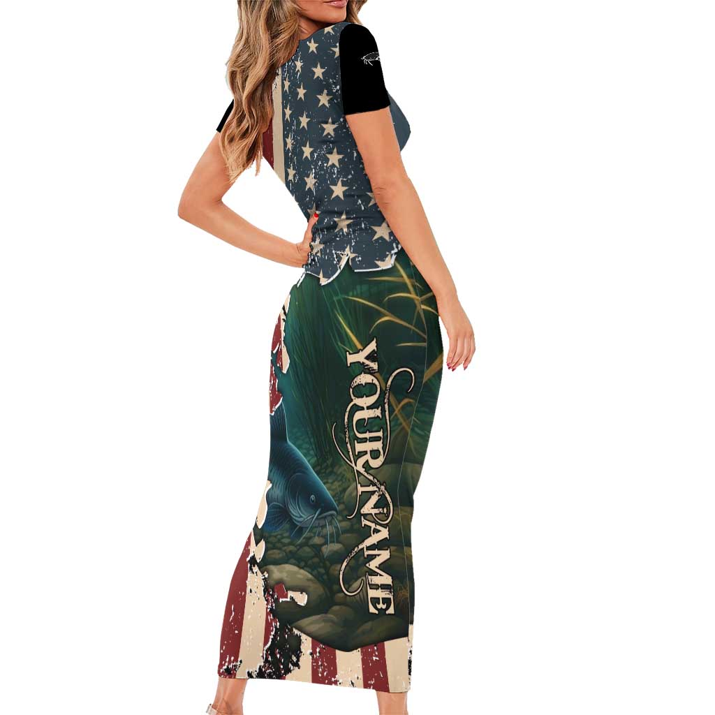 Catfish Fishing Short Sleeve Bodycon Dress with Underwater Scene and Distressed American Flag Background - Wonder Print Shop