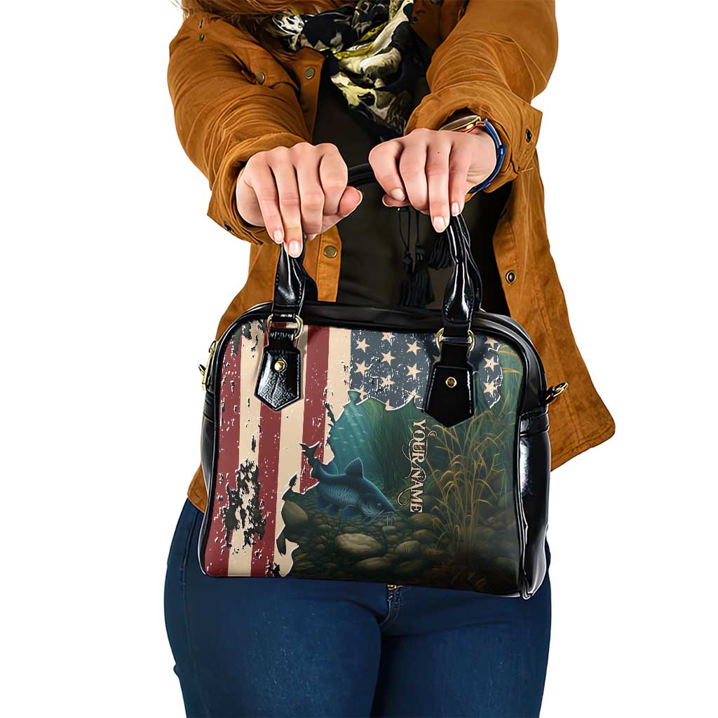 Catfish Fishing Shoulder Handbag with Underwater Scene and Distressed American Flag Background - Wonder Print Shop
