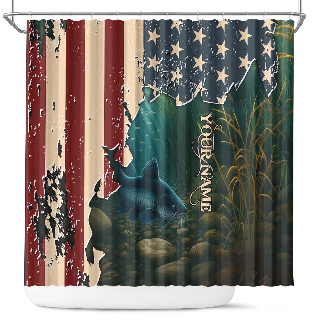 Catfish Fishing Shower Curtain with Underwater Scene and Distressed American Flag Background - Wonder Print Shop