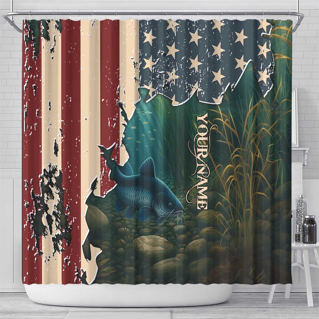 Catfish Fishing Shower Curtain with Underwater Scene and Distressed American Flag Background - Wonder Print Shop