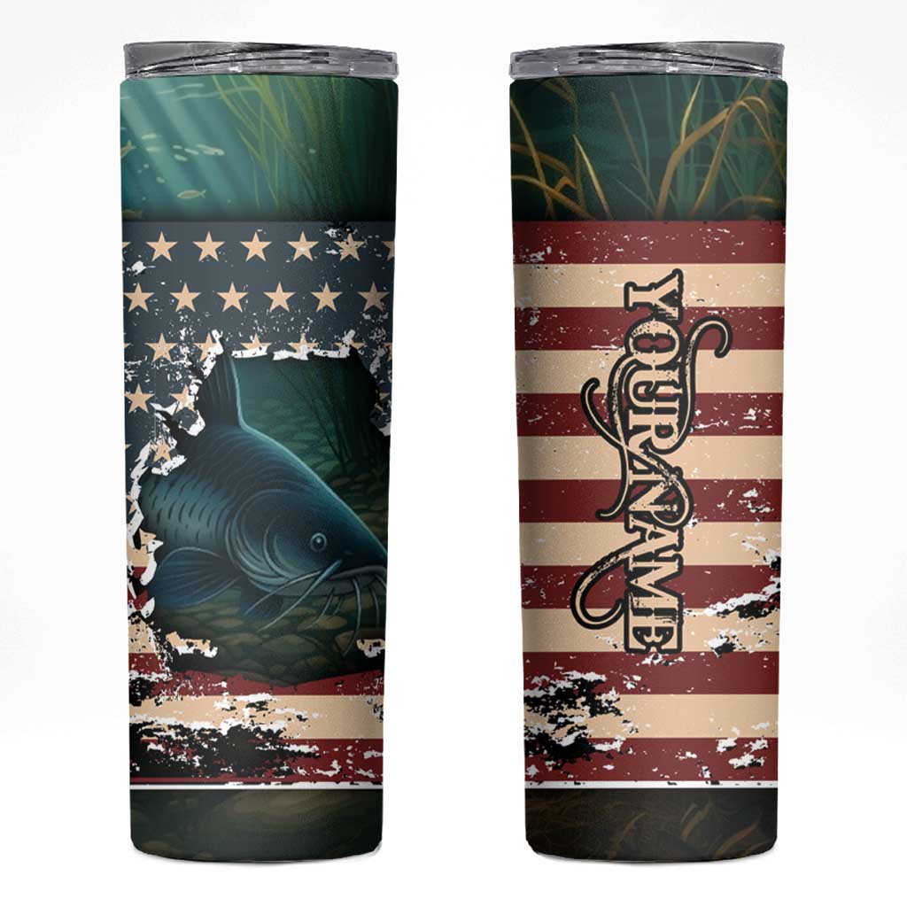 Catfish Fishing Skinny Tumbler with Underwater Scene and Distressed American Flag Background - Wonder Print Shop