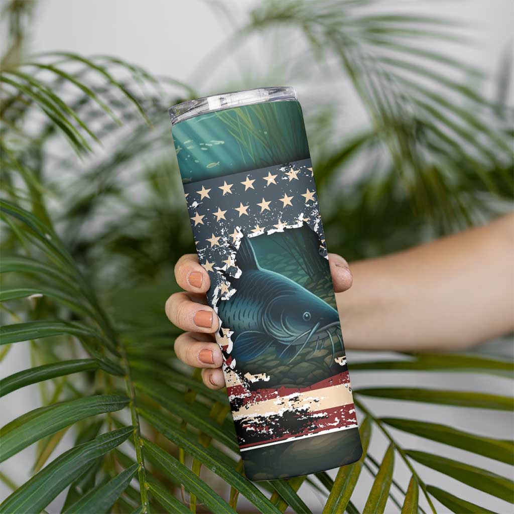 Catfish Fishing Skinny Tumbler with Underwater Scene and Distressed American Flag Background - Wonder Print Shop
