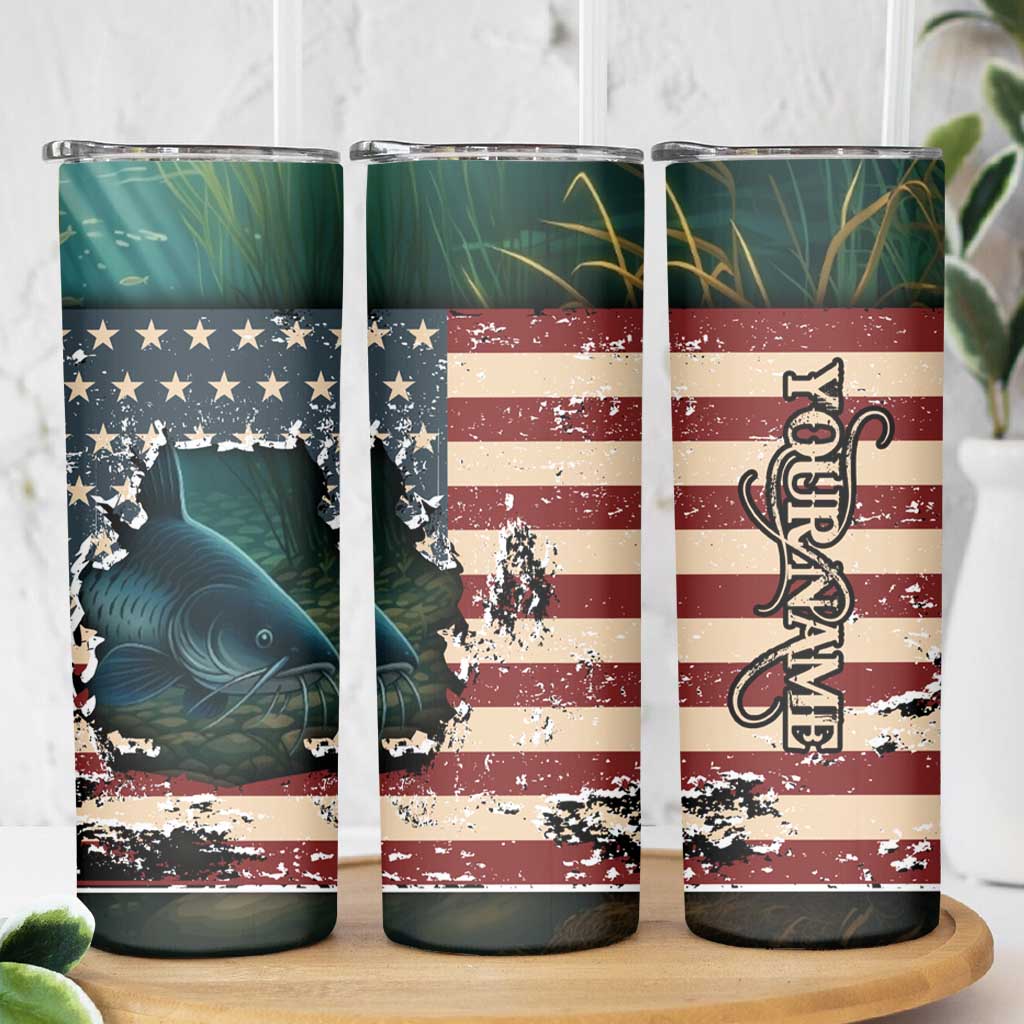 Catfish Fishing Skinny Tumbler with Underwater Scene and Distressed American Flag Background - Wonder Print Shop