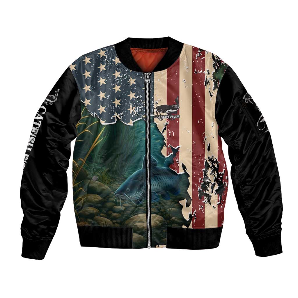Catfish Fishing Sleeve Zip Bomber Jacket with Underwater Scene and Distressed American Flag Background - Wonder Print Shop