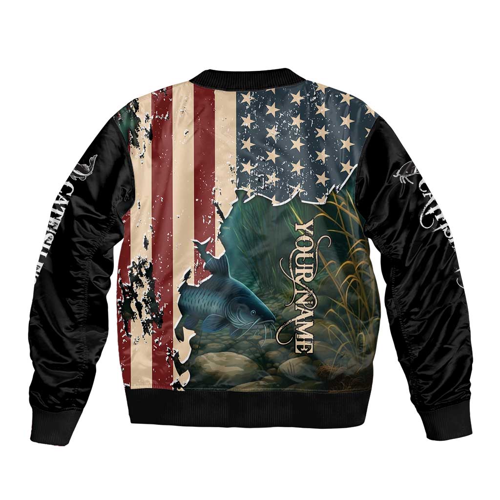 Catfish Fishing Sleeve Zip Bomber Jacket with Underwater Scene and Distressed American Flag Background - Wonder Print Shop