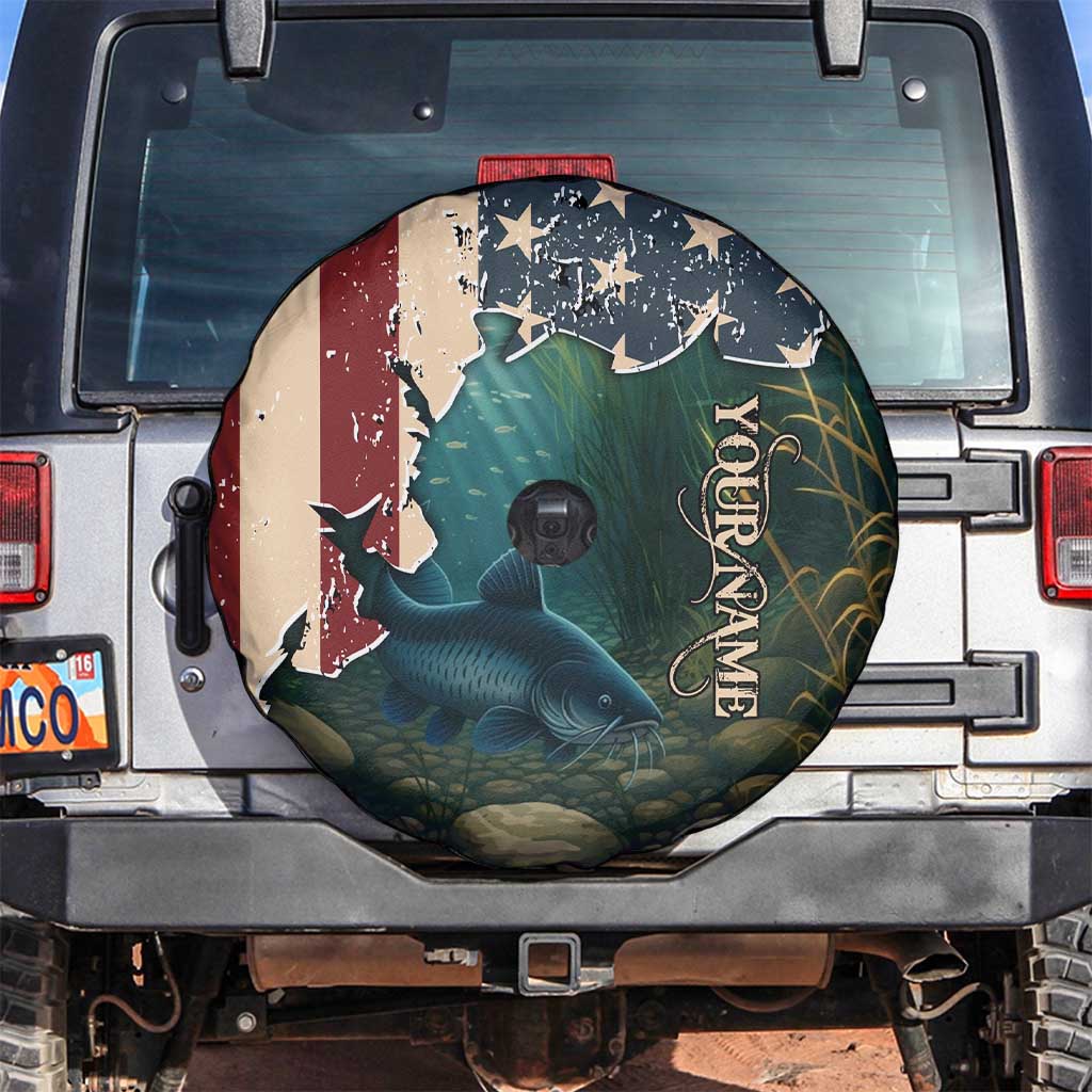 Catfish Fishing Spare Tire Cover with Underwater Scene and Distressed American Flag Background - Wonder Print Shop