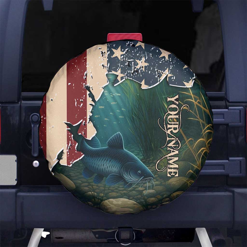 Catfish Fishing Spare Tire Cover with Underwater Scene and Distressed American Flag Background - Wonder Print Shop