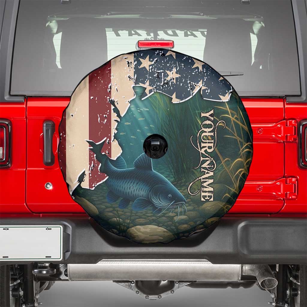 Catfish Fishing Spare Tire Cover with Underwater Scene and Distressed American Flag Background - Wonder Print Shop
