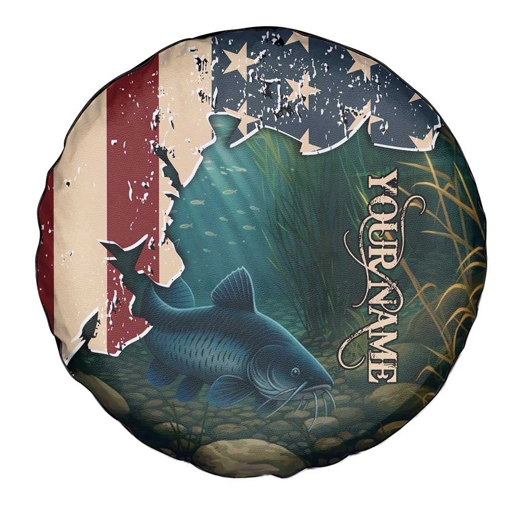 Catfish Fishing Spare Tire Cover with Underwater Scene and Distressed American Flag Background - Wonder Print Shop