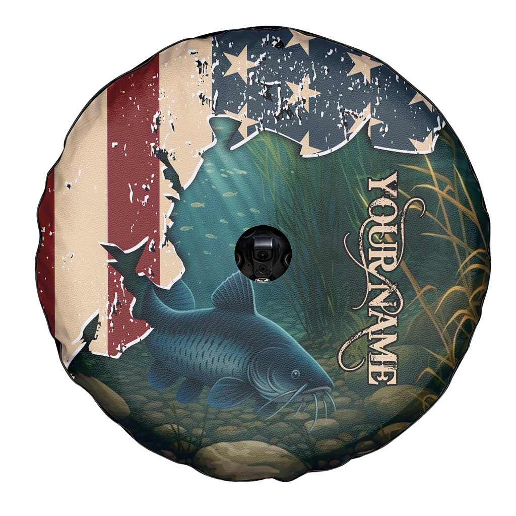 Catfish Fishing Spare Tire Cover with Underwater Scene and Distressed American Flag Background - Wonder Print Shop