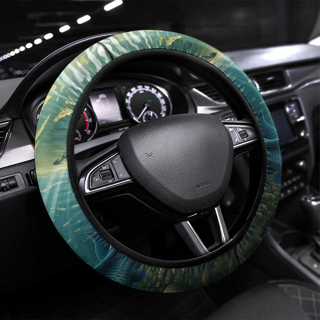 Catfish Fishing Steering Wheel Cover with Underwater Scene and Distressed American Flag Background - Wonder Print Shop