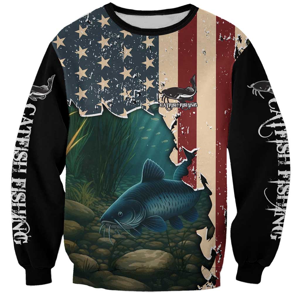 Catfish Fishing Sweatshirt with Underwater Scene and Distressed American Flag Background - Wonder Print Shop