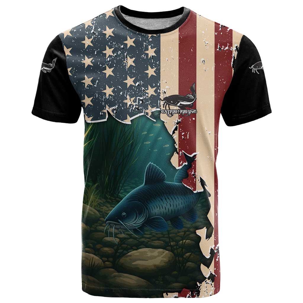Catfish Fishing T Shirt with Underwater Scene and Distressed American Flag Background - Wonder Print Shop