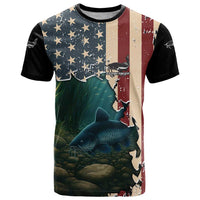 Catfish Fishing T Shirt with Underwater Scene and Distressed American Flag Background - Wonder Print Shop