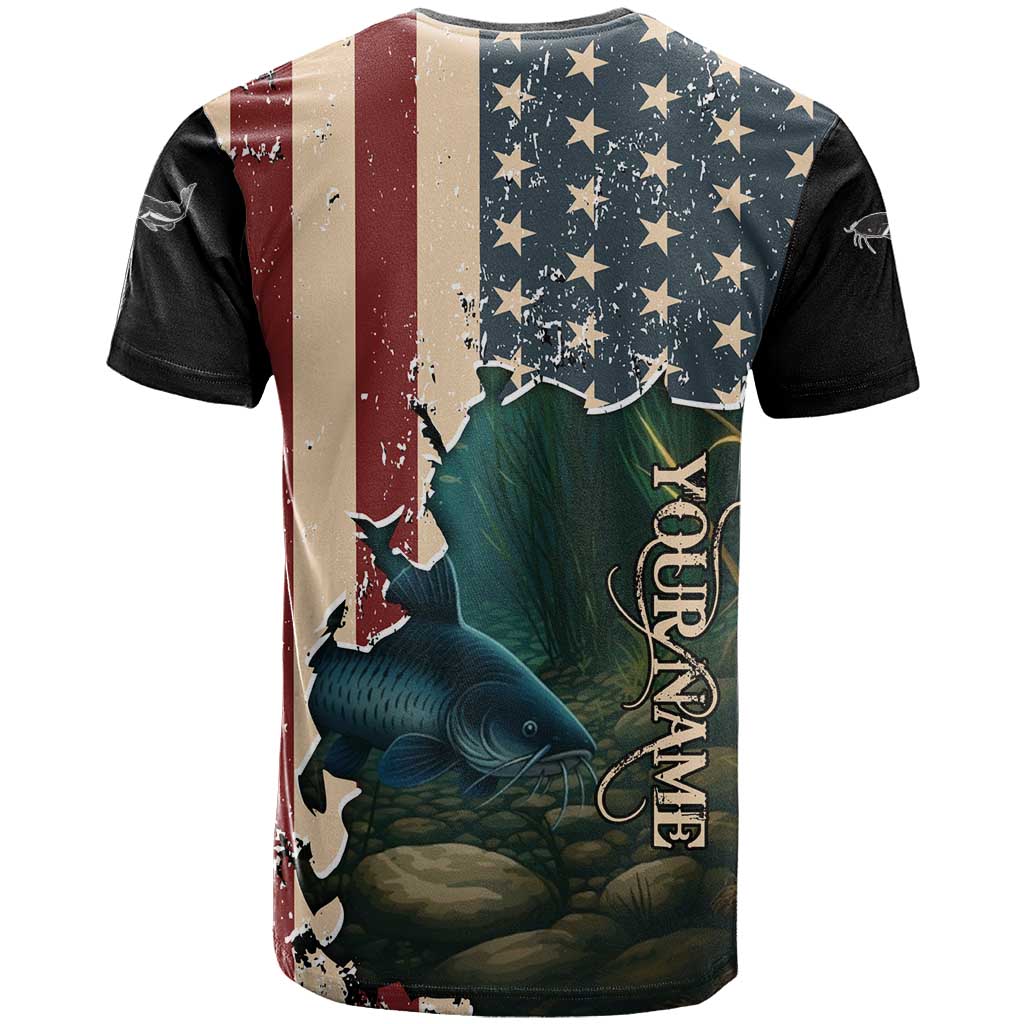 Catfish Fishing T Shirt with Underwater Scene and Distressed American Flag Background - Wonder Print Shop