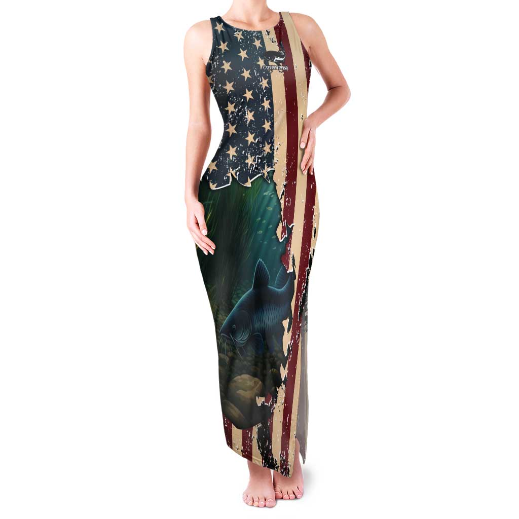 Catfish Fishing Tank Maxi Dress with Underwater Scene and Distressed American Flag Background - Wonder Print Shop