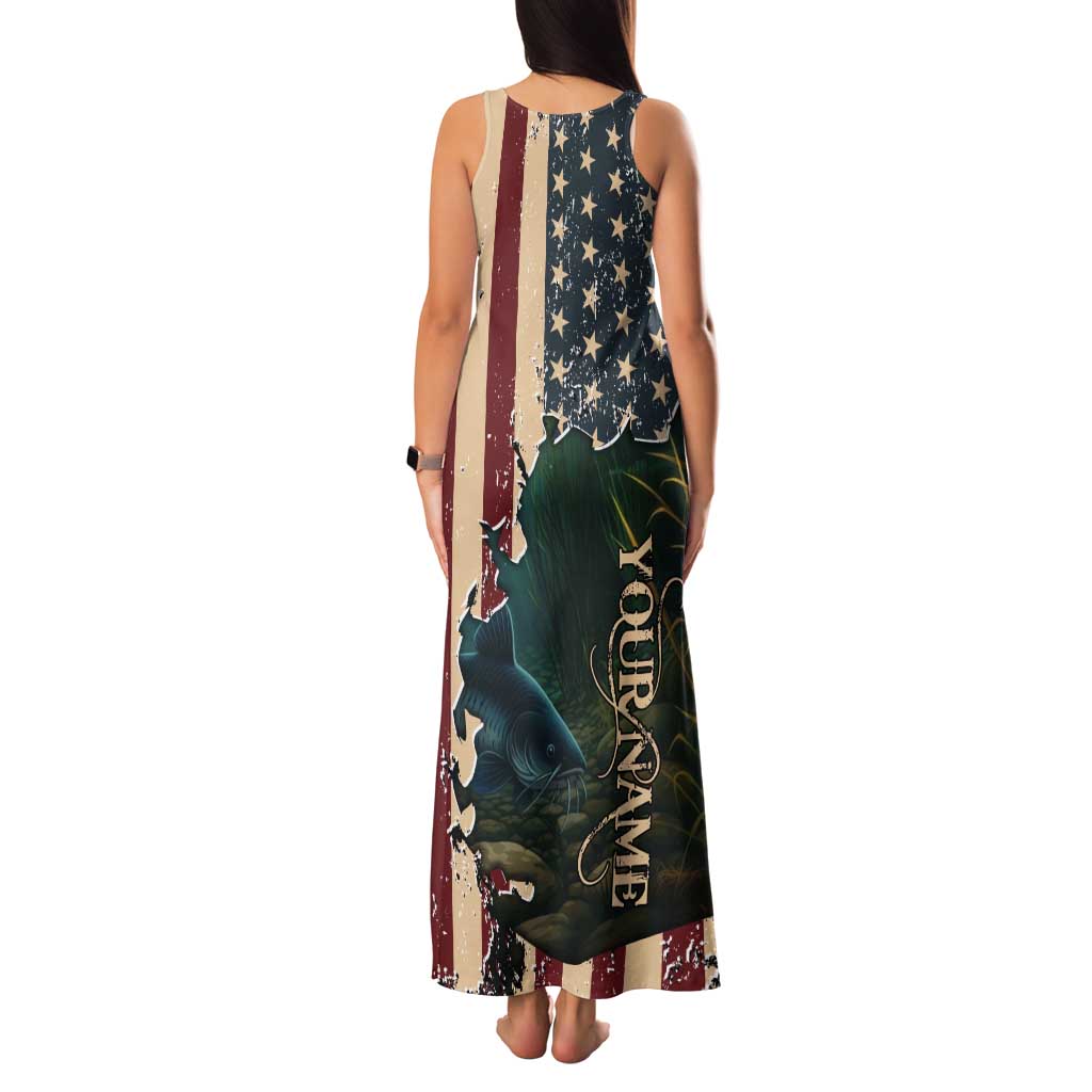 Catfish Fishing Tank Maxi Dress with Underwater Scene and Distressed American Flag Background - Wonder Print Shop