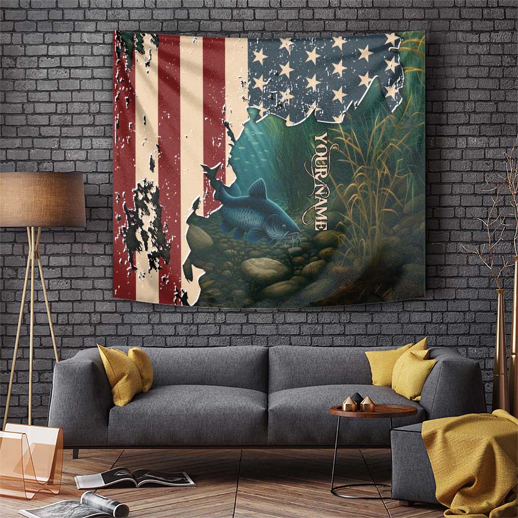 Catfish Fishing Tapestry with Underwater Scene and Distressed American Flag Background - Wonder Print Shop