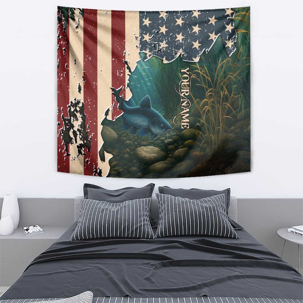 Catfish Fishing Tapestry with Underwater Scene and Distressed American Flag Background - Wonder Print Shop