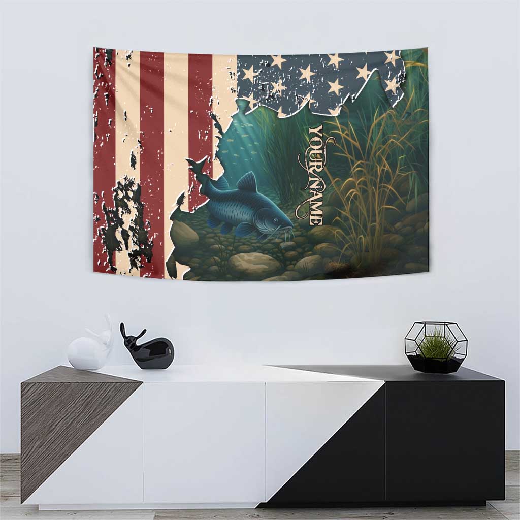 Catfish Fishing Tapestry with Underwater Scene and Distressed American Flag Background - Wonder Print Shop