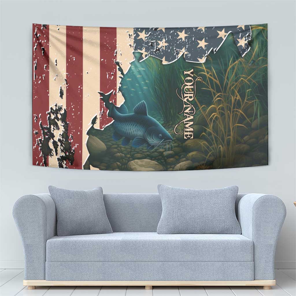 Catfish Fishing Tapestry with Underwater Scene and Distressed American Flag Background - Wonder Print Shop