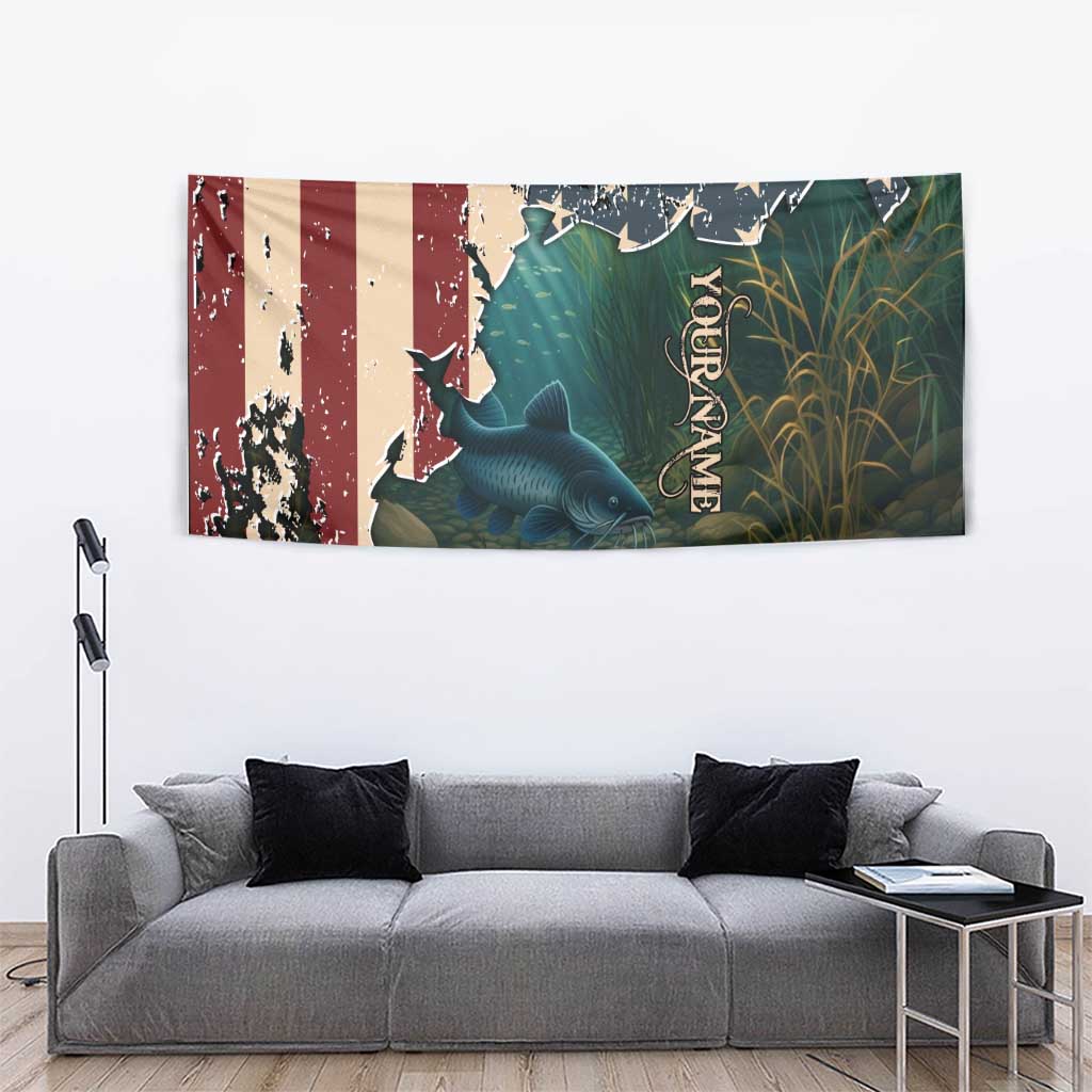Catfish Fishing Tapestry with Underwater Scene and Distressed American Flag Background - Wonder Print Shop