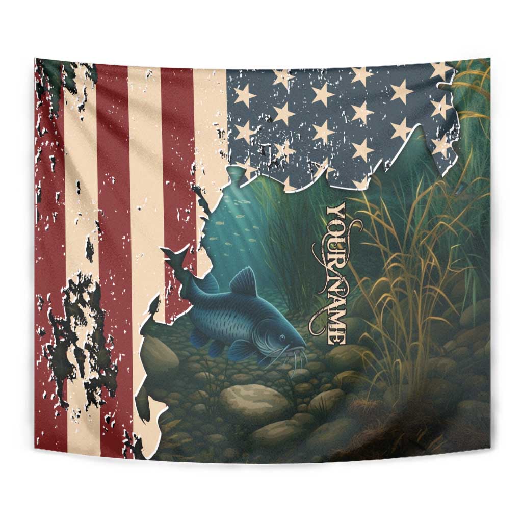 Catfish Fishing Tapestry with Underwater Scene and Distressed American Flag Background - Wonder Print Shop