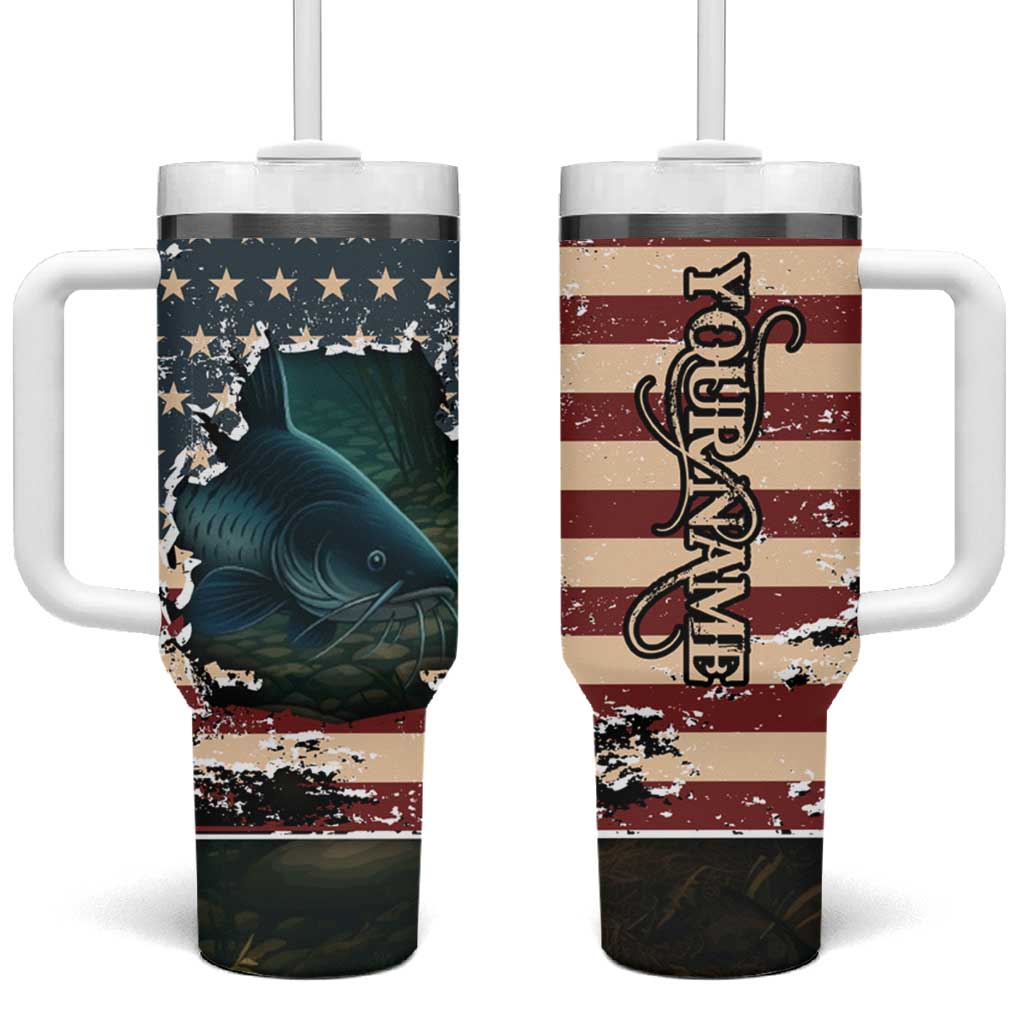Catfish Fishing Tumbler With Handle with Underwater Scene and Distressed American Flag Background - Wonder Print Shop