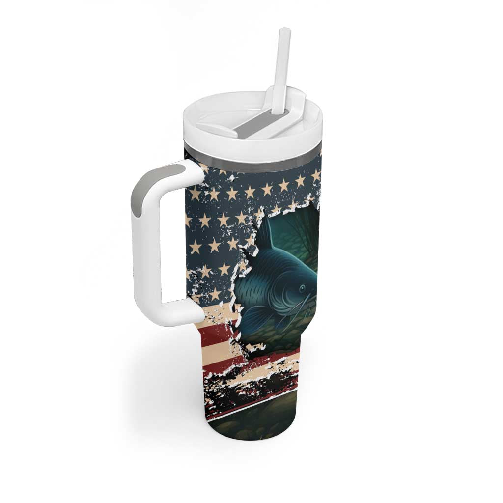 Catfish Fishing Tumbler With Handle with Underwater Scene and Distressed American Flag Background - Wonder Print Shop