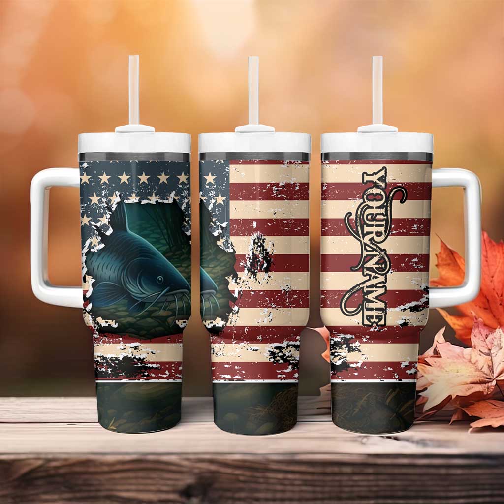 Catfish Fishing Tumbler With Handle with Underwater Scene and Distressed American Flag Background - Wonder Print Shop