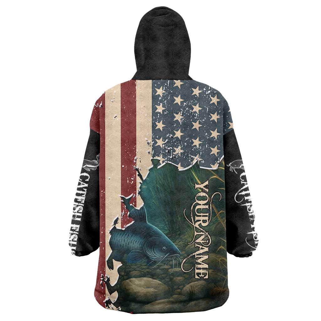 Catfish Fishing Wearable Blanket Hoodie with Underwater Scene and Distressed American Flag Background - Wonder Print Shop