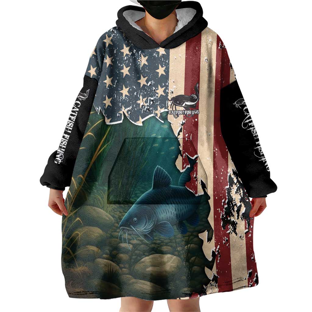 Catfish Fishing Wearable Blanket Hoodie with Underwater Scene and Distressed American Flag Background - Wonder Print Shop