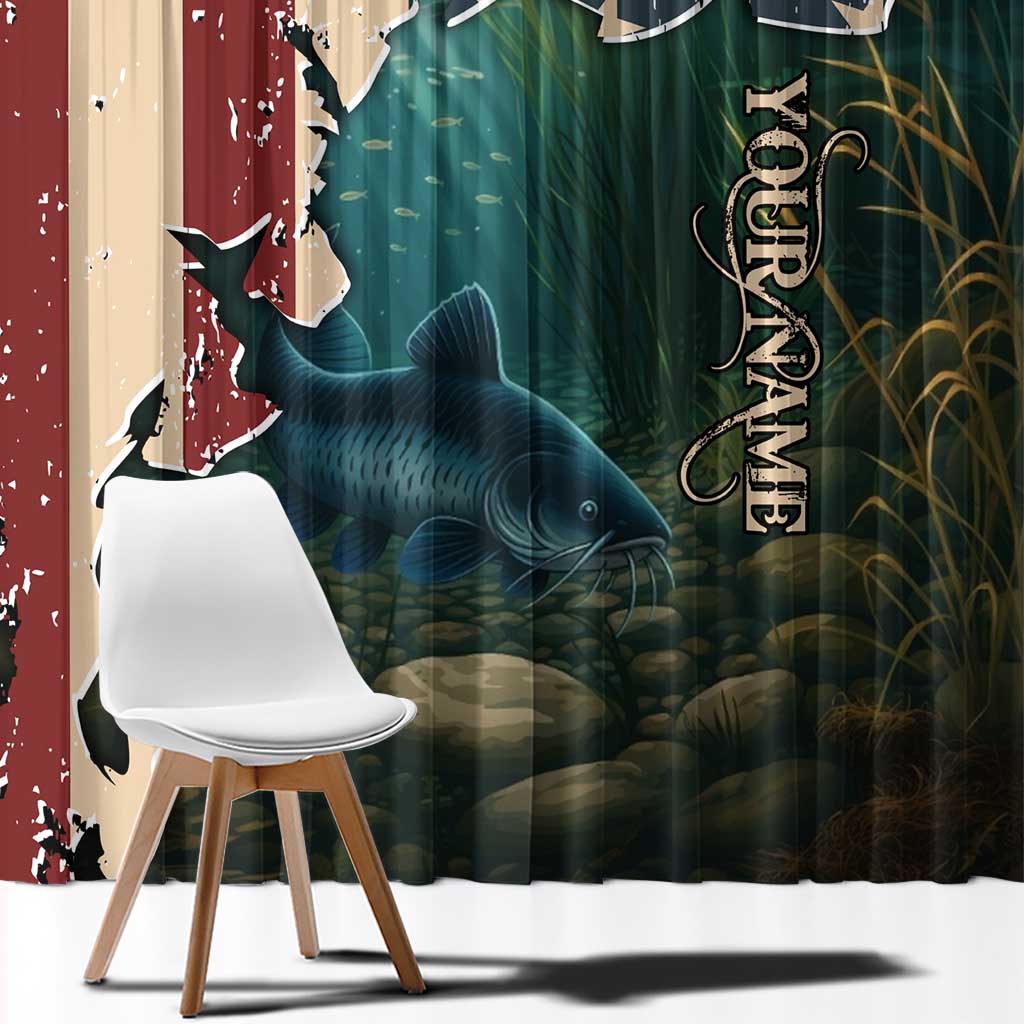 Catfish Fishing Window Curtain with Underwater Scene and Distressed American Flag Background - Wonder Print Shop