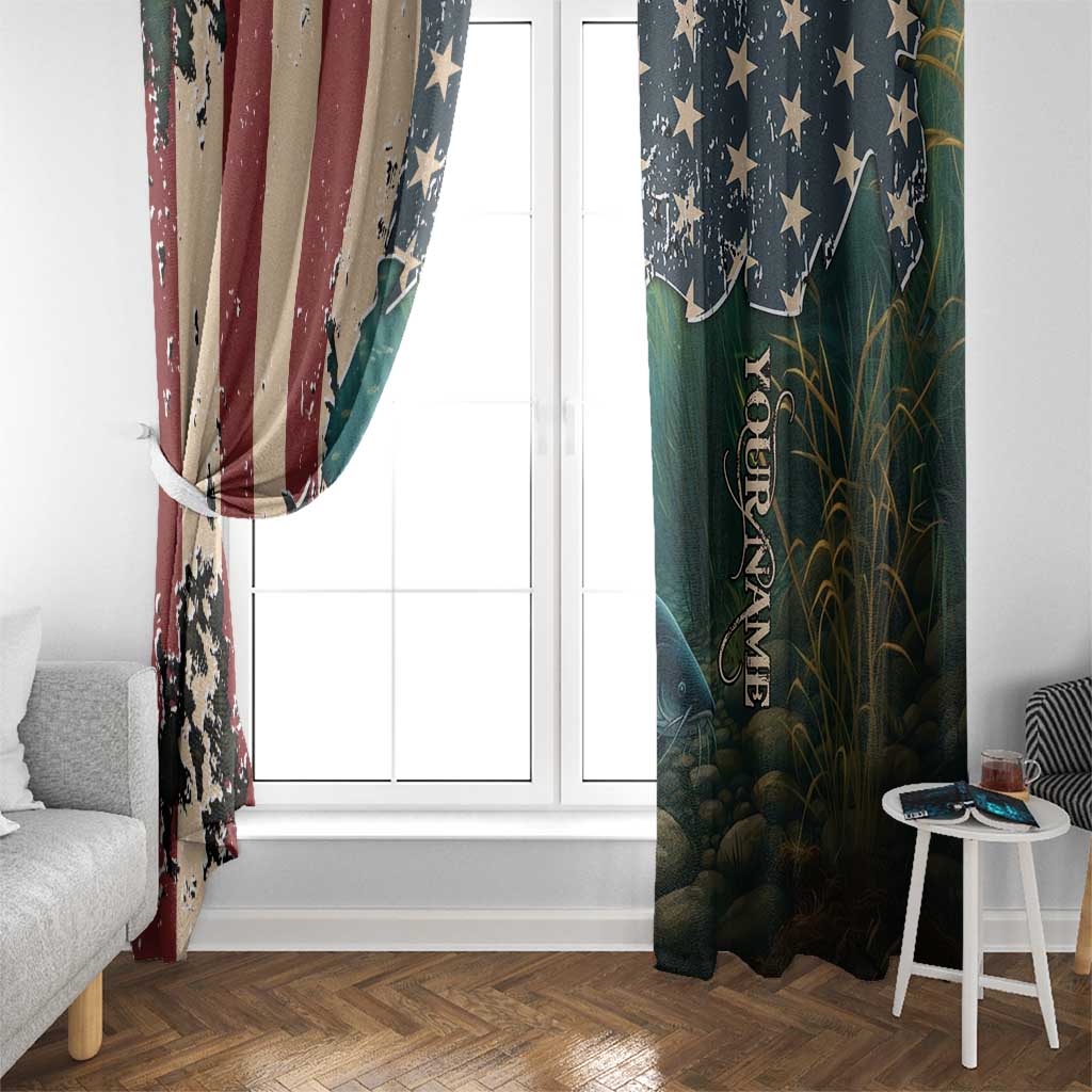 Catfish Fishing Window Curtain with Underwater Scene and Distressed American Flag Background - Wonder Print Shop