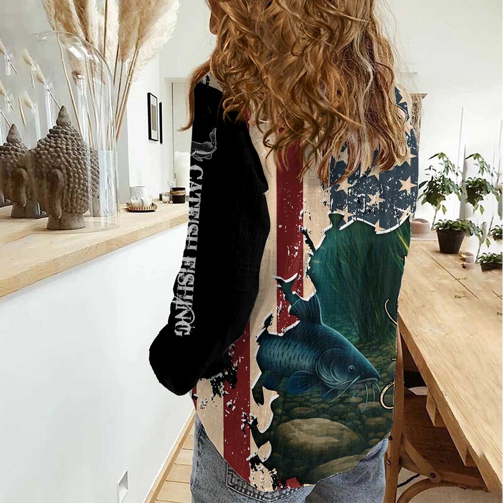 Catfish Fishing Women Casual Shirt with Underwater Scene and Distressed American Flag Background - Wonder Print Shop